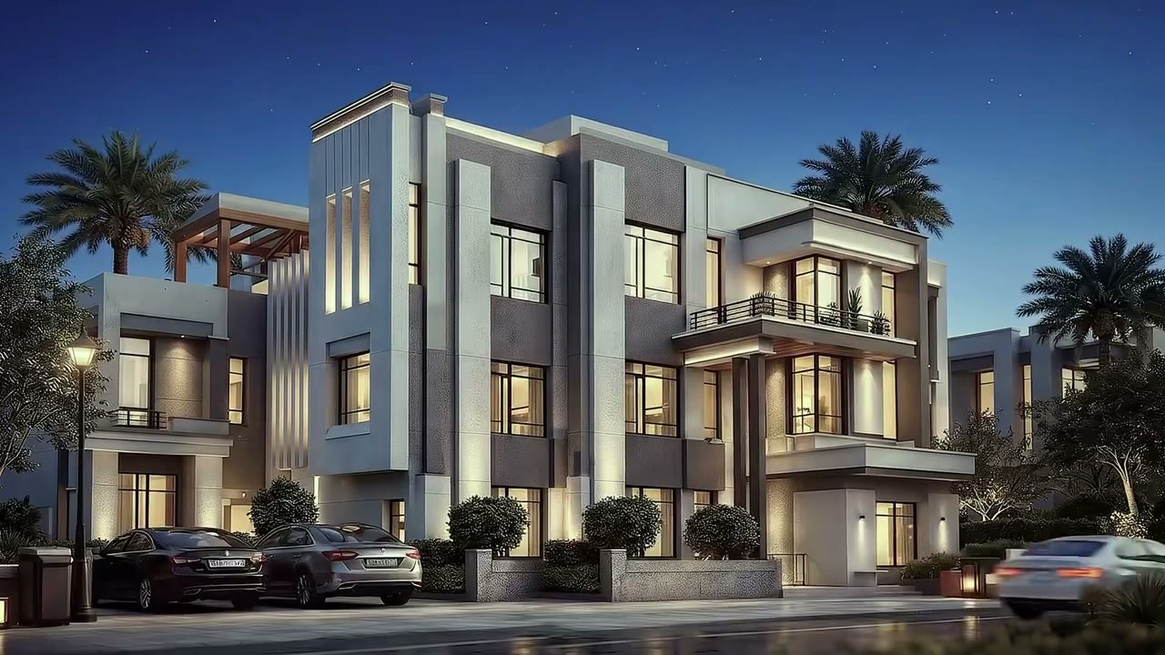 واجهة فيلا ليلاً ضمن مشاريع أحلام الشرق